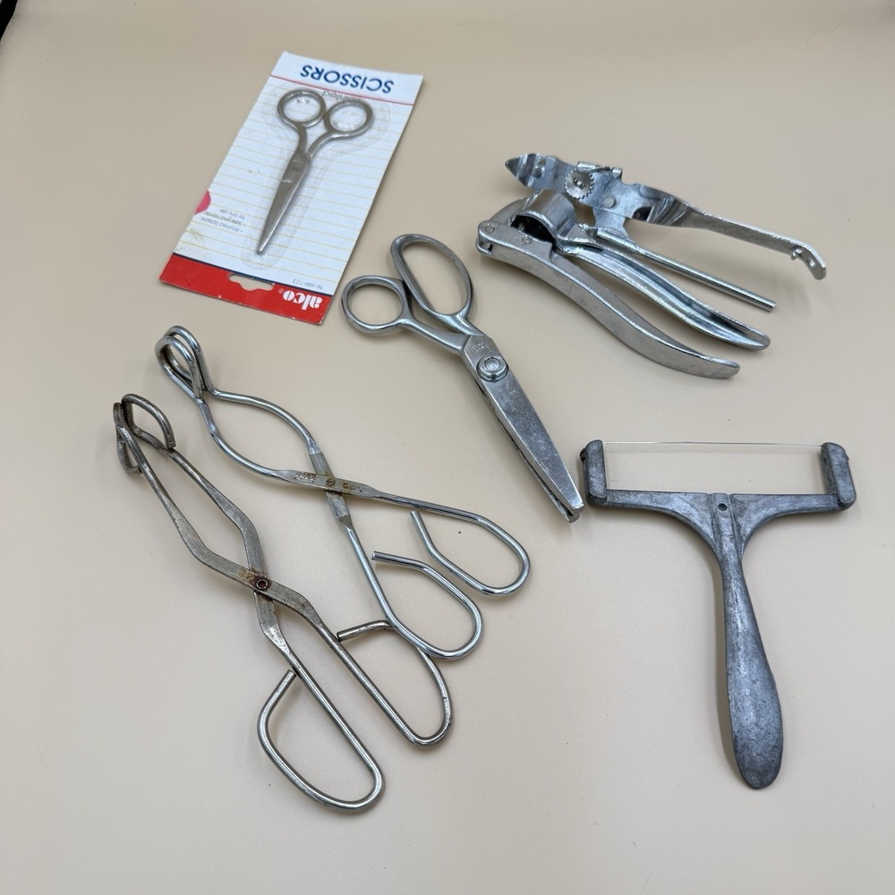7 Pc Kitchen Tool Lot Shears Tongs Cheese Grater Garlic Press Can Opener Vintage